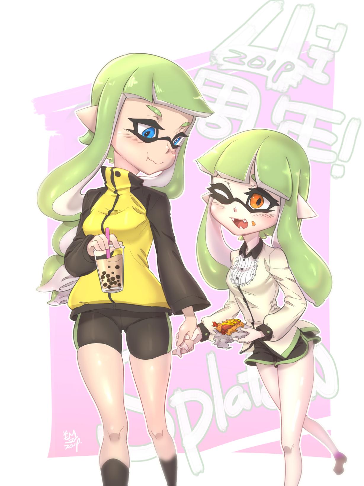 2girls, bike_shorts, blue_eyes, blush, breasts, eating, ermao_wu, green_hair