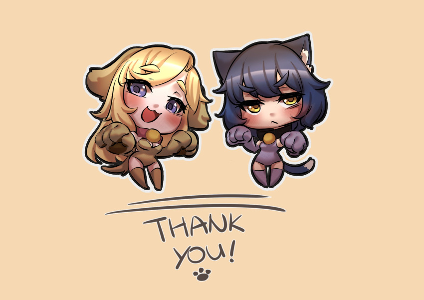 :<, :3, :d, animal_ears, blonde_hair, blue_eyes, breasts, cat_ears, cat_girl, cat_girl_(merryweather), cat_tail, chibi, collar, dark_blue_hair, dog_ears, dog_girl, dog_girl_(merryweather), dog_tail, ermao_wu, full_body, highres, leotard, looking_at_viewer, open_mouth, original, paw_pose, paws, simple_background, smile, tail, thank_you, thigh-highs, yellow_eyes