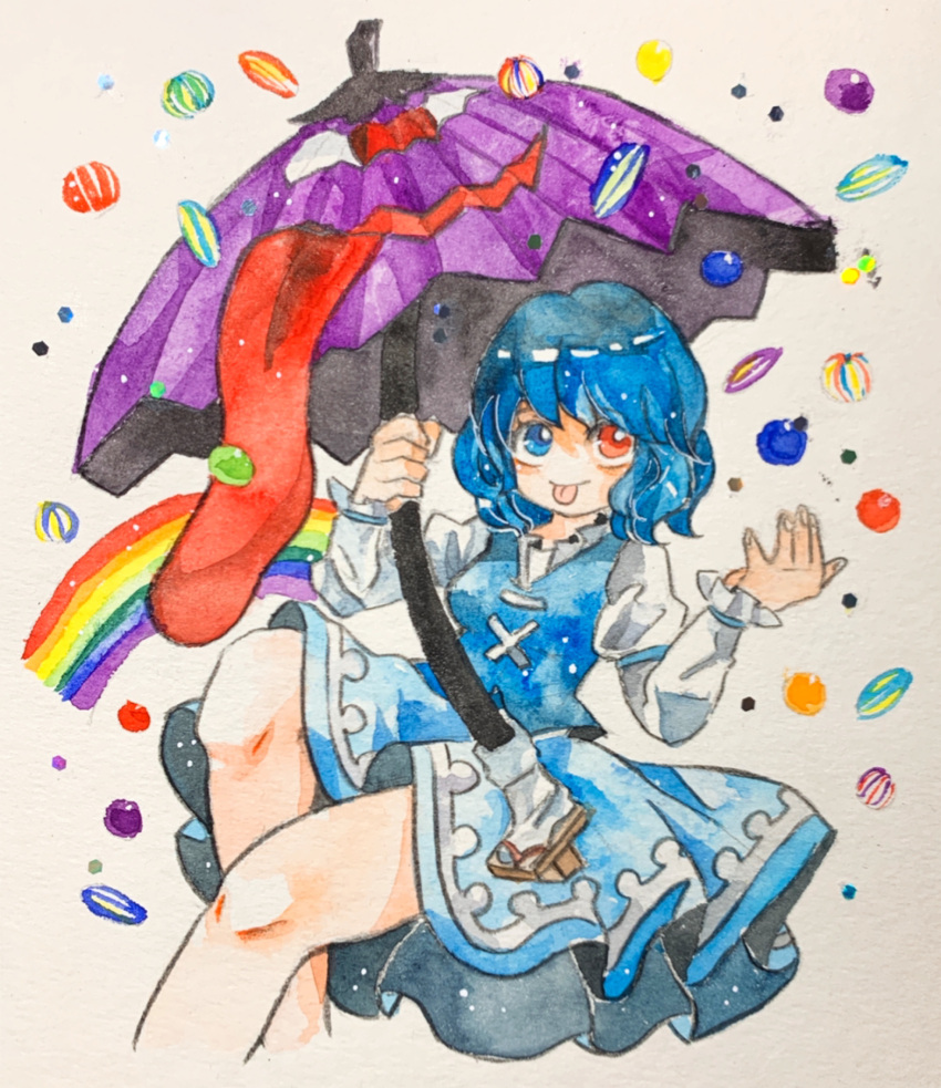 1girl, blue_dress, blue_eyes, blue_hair, blue_vest, cropped_legs, dress, hands_up
