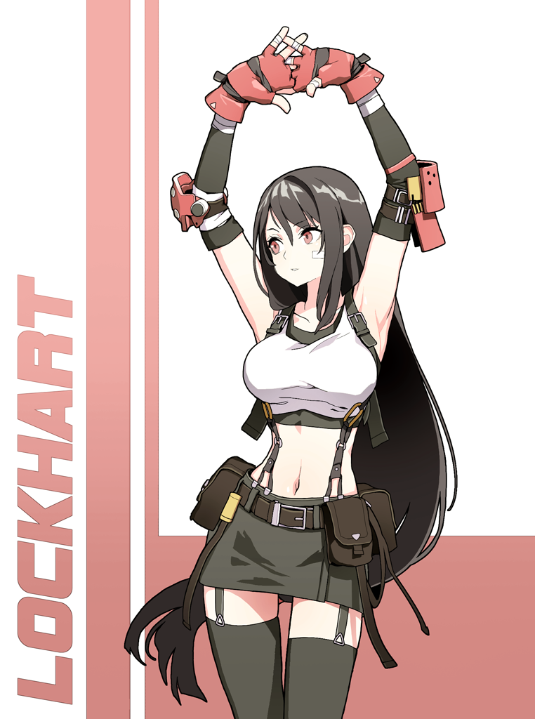 1girl, arms_up, bandage_on_face, bandages, bangs, belt, black_belt, black_gloves