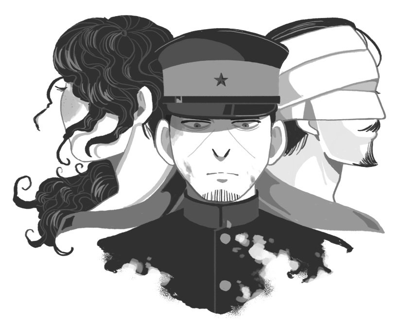 1girl, 2boys, absurdres, beard, black_hair, curly_hair, facial_hair, golden_kamuy