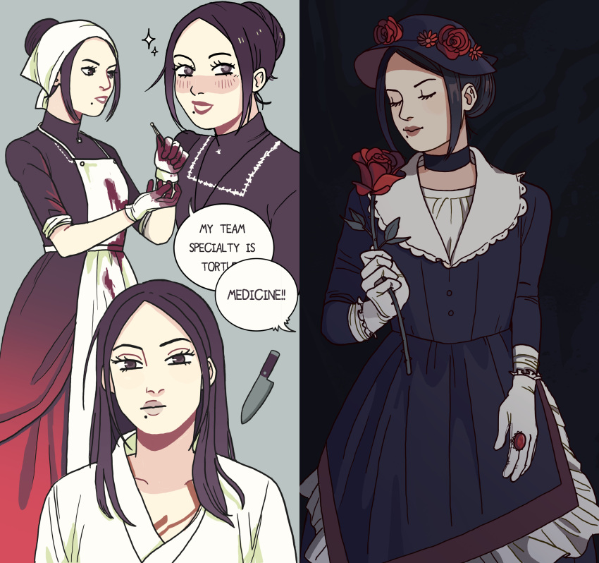 1boy, :d, absurdres, apron, black_choker, black_dress, blood, bloody_clothes