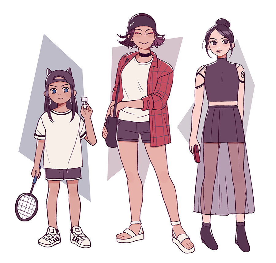 1boy, 2girls, asirpa, backwards_hat, badminton_racket, bag, black_choker, black_eyes