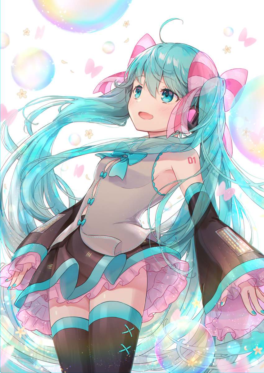 1girl, :d, ahoge, aqua_bow, aqua_hair, aqua_legwear, aqua_nails, aqua_skirt