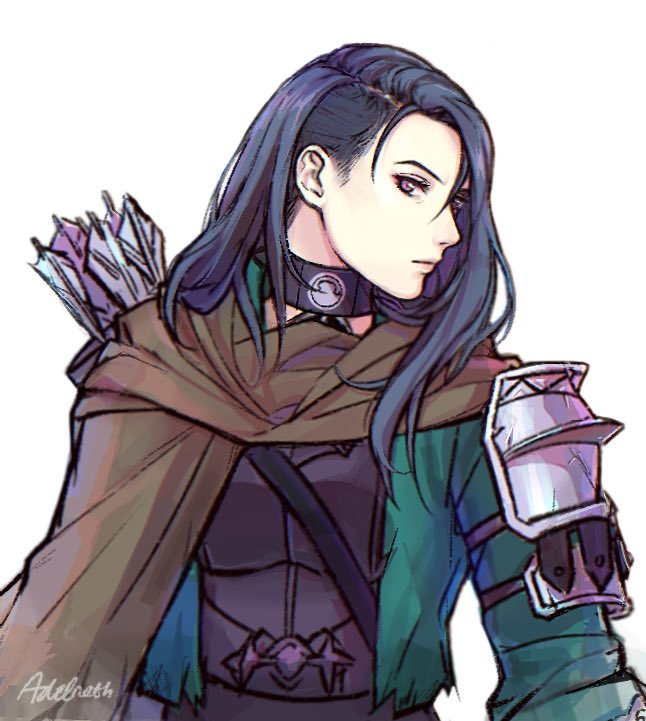 1girl, adelnath, armor, arrow_(projectile), black_armor, black_hair, brown_cape, cape, choker, closed_mouth, commentary, english_commentary, fire_emblem, fire_emblem:_three_houses, from_side, green_jacket, hair_between_eyes, jacket, lips, long_hair, long_sleeves, looking_at_viewer, older, open_clothes, open_jacket, profile, quiver, shamir_nevrand, shoulder_armor, signature, simple_background, solo, violet_eyes, white_background