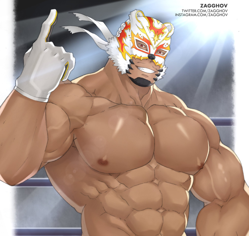 1boy, abs, artist_name, bara, bare_chest, bear_mask, biceps, black_hair