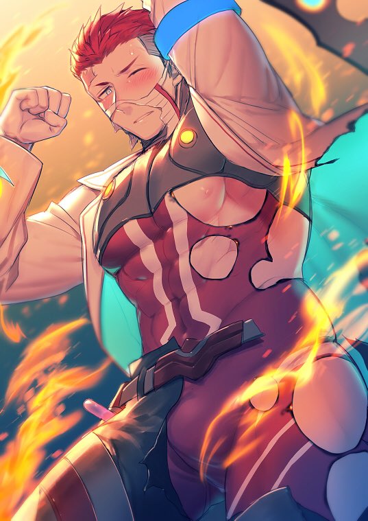 1boy, abs, arm_up, bara, bare_chest, blue_eyes, blush, bodysuit, bulge, chest, chest_harness, covered_abs, covered_navel, embers, fire, harness, hozunomi_(user_jxa4157), labcoat, live_a_hero, looking_at_viewer, male_focus, muscle, nipples, rakta_(live_a_hero), redhead, short_hair, solo, thick_thighs, thighs, torn_bodysuit, torn_clothes