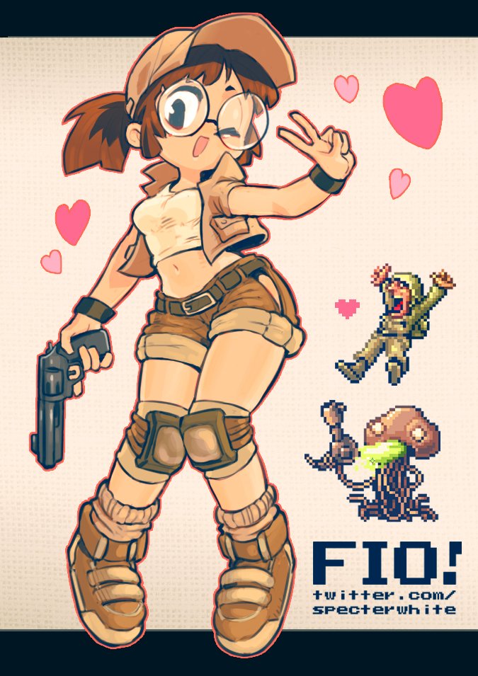 1boy, 1girl, belt, black_eyes, blush, brown_hair, brown_headwear, brown_shorts, cargo_shorts, character_name, chibi, crop_top, fio_germi, full_body, glasses, gun, hat, heart, holding, holding_gun, holding_weapon, looking_at_viewer, metal_slug, navel, one_eye_closed, open_mouth, round_eyewear, short_ponytail, shorts, smile, specterwhite, twitter_username, v, watermark, weapon, web_address