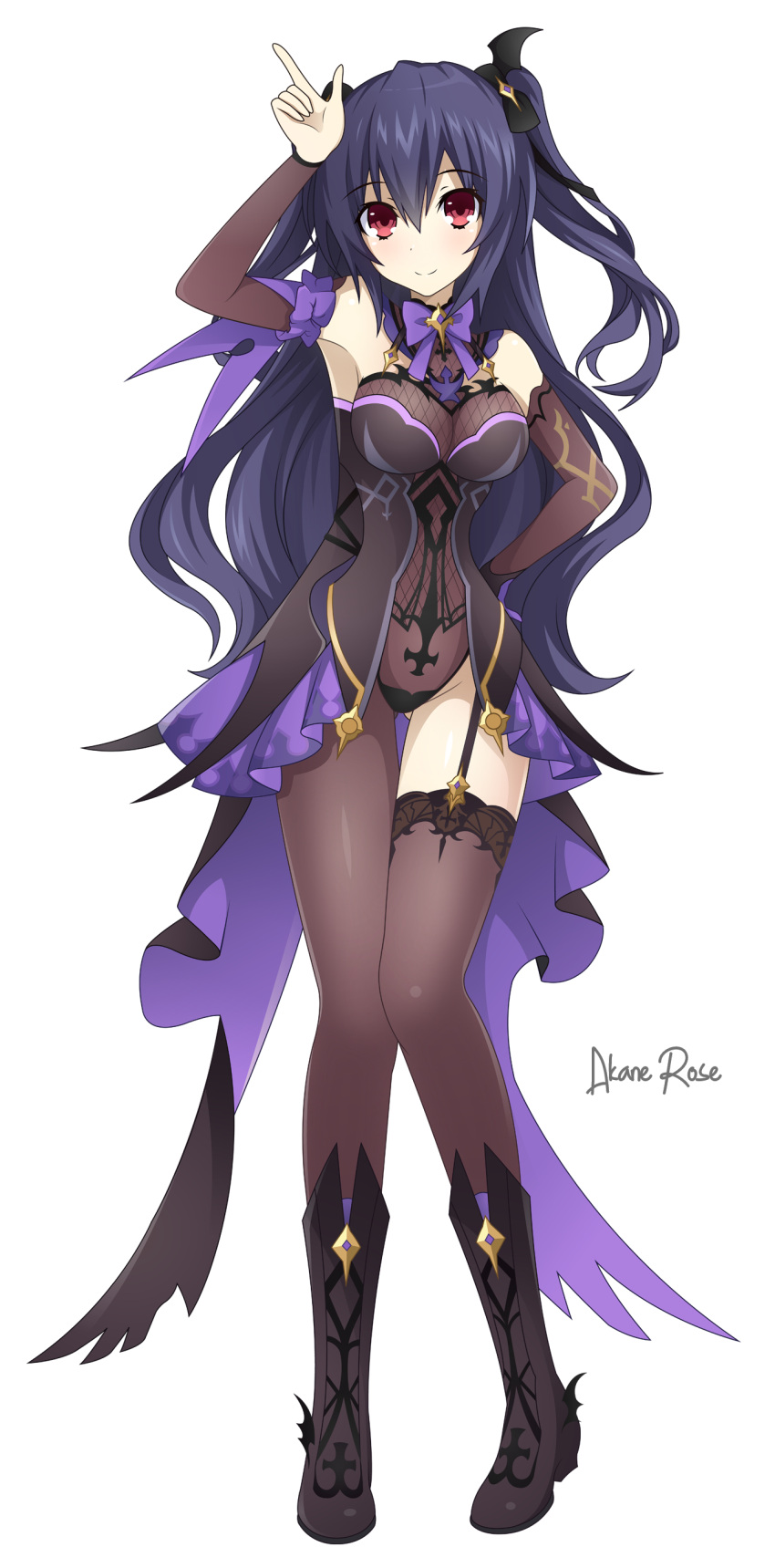 1girl, absurdres, akane_rose, artist_name, asymmetrical_legwear, bare_shoulders, black_hair, breasts, cosplay, detached_sleeves, fischl_(genshin_impact), fischl_(genshin_impact)_(cosplay), full_body, genshin_impact, hair_between_eyes, hair_ornament, hair_ribbon, highres, long_hair, looking_at_viewer, neptune_(series), noire, red_eyes, ribbon, simple_background, smile, solo, twintails, white_background