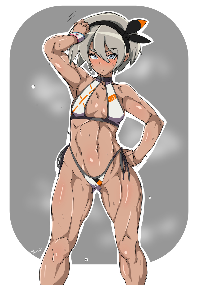 1girl, absurdres, armpits, bangs, bea_(pokemon), bikini, black_hairband, bow_hairband, breasts, dark_skin, feet_out_of_frame, grey_background, grey_eyes, grey_hair, gym_leader, hair_between_eyes, hairband, highres, muscle, muscular_female, navel, pokemon, pokemon_(game), pokemon_swsh, print_bikini, short_hair, side-tie_bikini, small_breasts, steaming_body, sweat, swimsuit, tavor_(m_tavor)