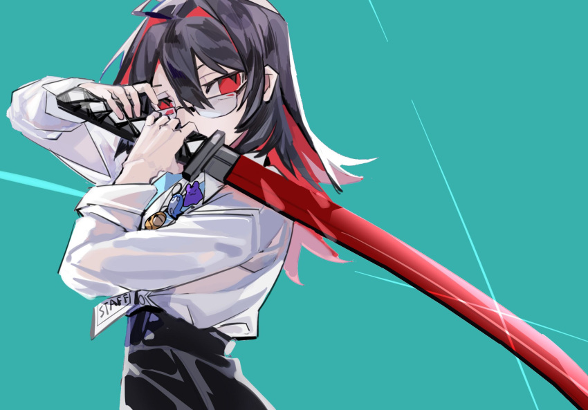 1girl, ahoge, black_hair, character_doll, covered_mouth, cowboy_shot, dress_shirt, enma-chan, gawr_gura, glasses, glint, green_background, hair_between_eyes, hair_intakes, hands_up, high-waist_shorts, highres, holding, holding_sword, holding_weapon, hololive, hololive_english, id_card, katana, lanyard, long_hair, looking_at_viewer, looking_over_eyewear, looking_to_the_side, multicolored_hair, narrowed_eyes, ninomae_ina'nis, over_shoulder, red_eyes, red_sword, redhead, shirt, simple_background, sleeves_folded_up, solo, sword, sword_over_shoulder, two-tone_hair, watson_amelia, weapon, weapon_over_shoulder, white_shirt, wolf25920441