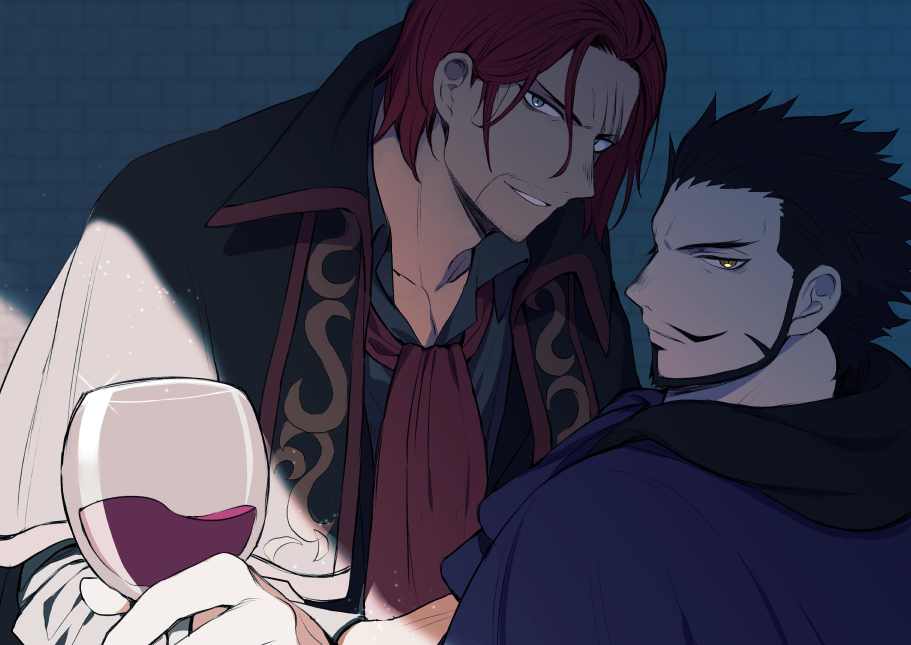 2boys, alternate_costume, beard, black_hair, coat, cravat, cup, dracule_mihawk