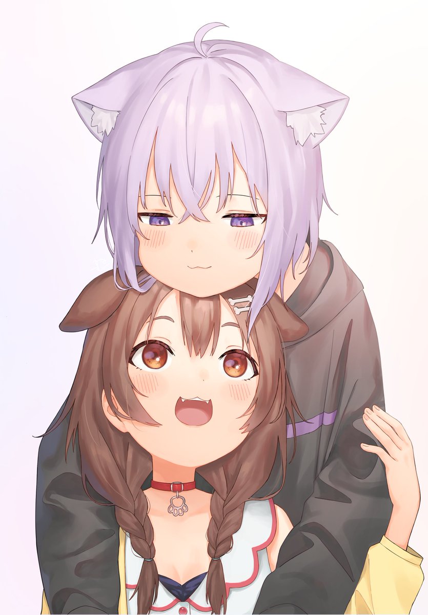 2girls, :3, animal_ear_fluff, animal_ears, bangs, blush, cat_ears, cat_girl, chin_on_head, chin_rest, dog_ears, dog_girl, hair_between_eyes, highres, hololive, hug, hug_from_behind, inugami_korone, looking_at_another, multiple_girls, nekomata_okayu, nem_rui, simple_background, smile, upper_body, virtual_youtuber, white_background, yuri