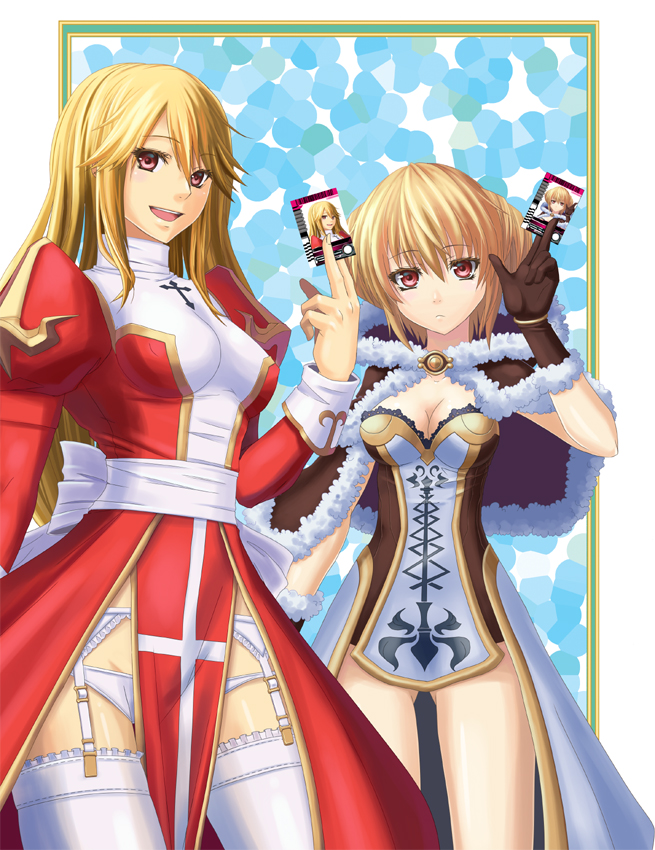 2girls, ass_visible_through_thighs, bangle, bangs, blonde_hair, blush, border, bracelet