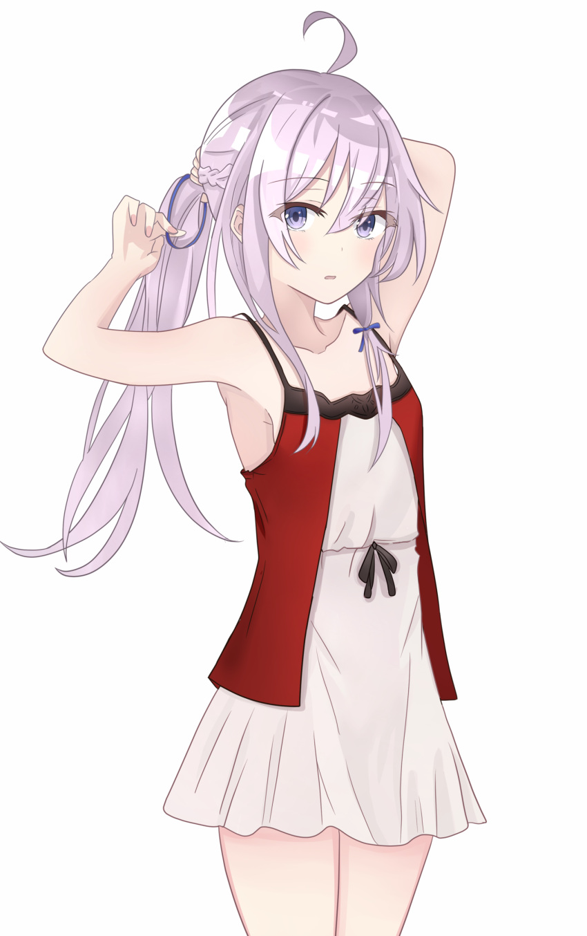 1girl, ahoge, bare_arms, bare_shoulders, breasts, collarbone, dress, elaina_(majo_no_tabitabi)
