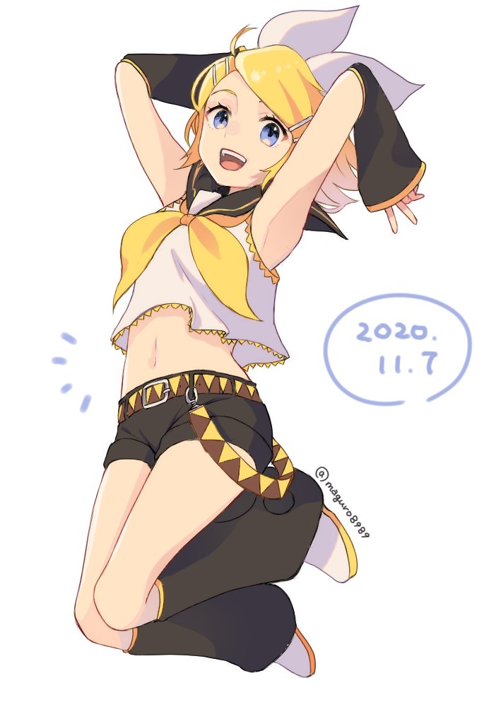 /\/\/\, arm_warmers, arms_behind_head, arms_up, bangs, bare_shoulders, binchou_maguro, black_collar