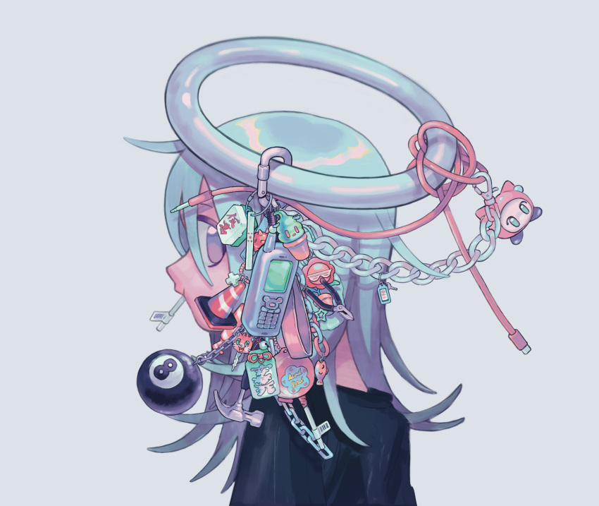 1girl, 8-ball, aqua_hair, black_shirt, cable, chain, cue_ball, flower