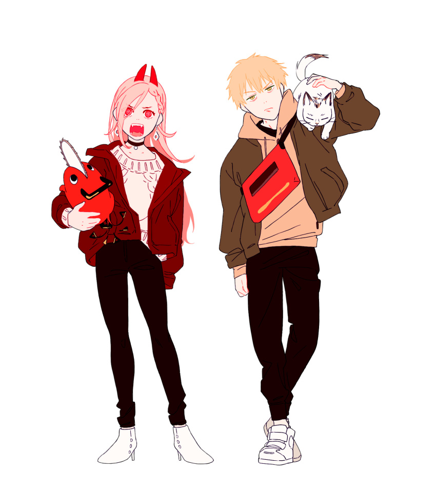 1boy, 1girl, animal_on_shoulder, asuka_kuroda, black_choker, black_pants, blonde_hair, braid, brown_jacket, cat, chainsaw, chainsaw_man, choker, crosshair_pupils, denji_(chainsaw_man), earrings, full_body, highres, hood, hood_down, hoodie, horns, jacket, jewelry, long_hair, long_sleeves, looking_at_viewer, meowy_(chainsaw_man), open_mouth, pants, pink_hair, pochita_(chainsaw_man), power_(chainsaw_man), red_eyes, red_horns, shoes, short_hair, simple_background, sweater, white_background, white_cat, white_footwear, yellow_eyes, yellow_hoodie