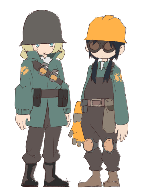 boots, chito_(shoujo_shuumatsu_ryokou), dreaminerryday, explosive, grenade, helmet, shoujo_shuumatsu_ryokou, team_fortress_2, welding_goggles, yuuri_(shoujo_shuumatsu_ryokou)