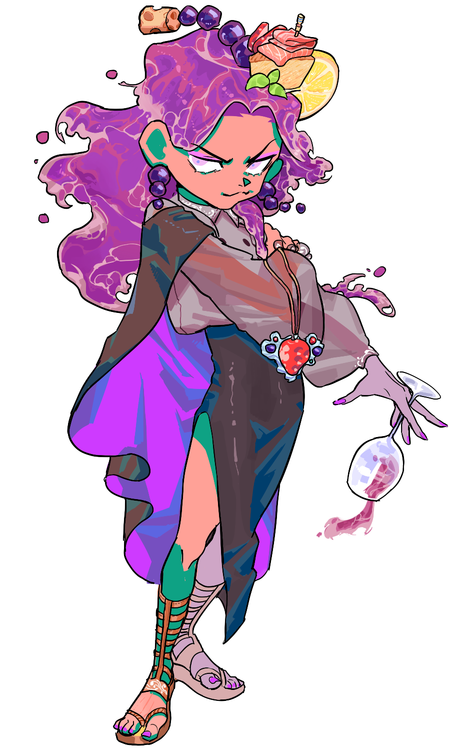 1boy, alternate_costume, battle_tendency, bulzizzang, cape, collared_shirt, cork, cup, dark_skin, drinking_glass, earrings, food, food_on_head, fruit, full_body, grape_earrings, grapes, grey_shirt, highres, jewelry, jojo_no_kimyou_na_bouken, kars_(jojo), leaf, lemon, lemon_slice, liquid_hair, long_sleeves, meat, object_on_head, puffy_long_sleeves, puffy_sleeves, purple_hair, purple_nails, shirt, simple_background, solo, standing, violet_eyes, white_background, wine_glass