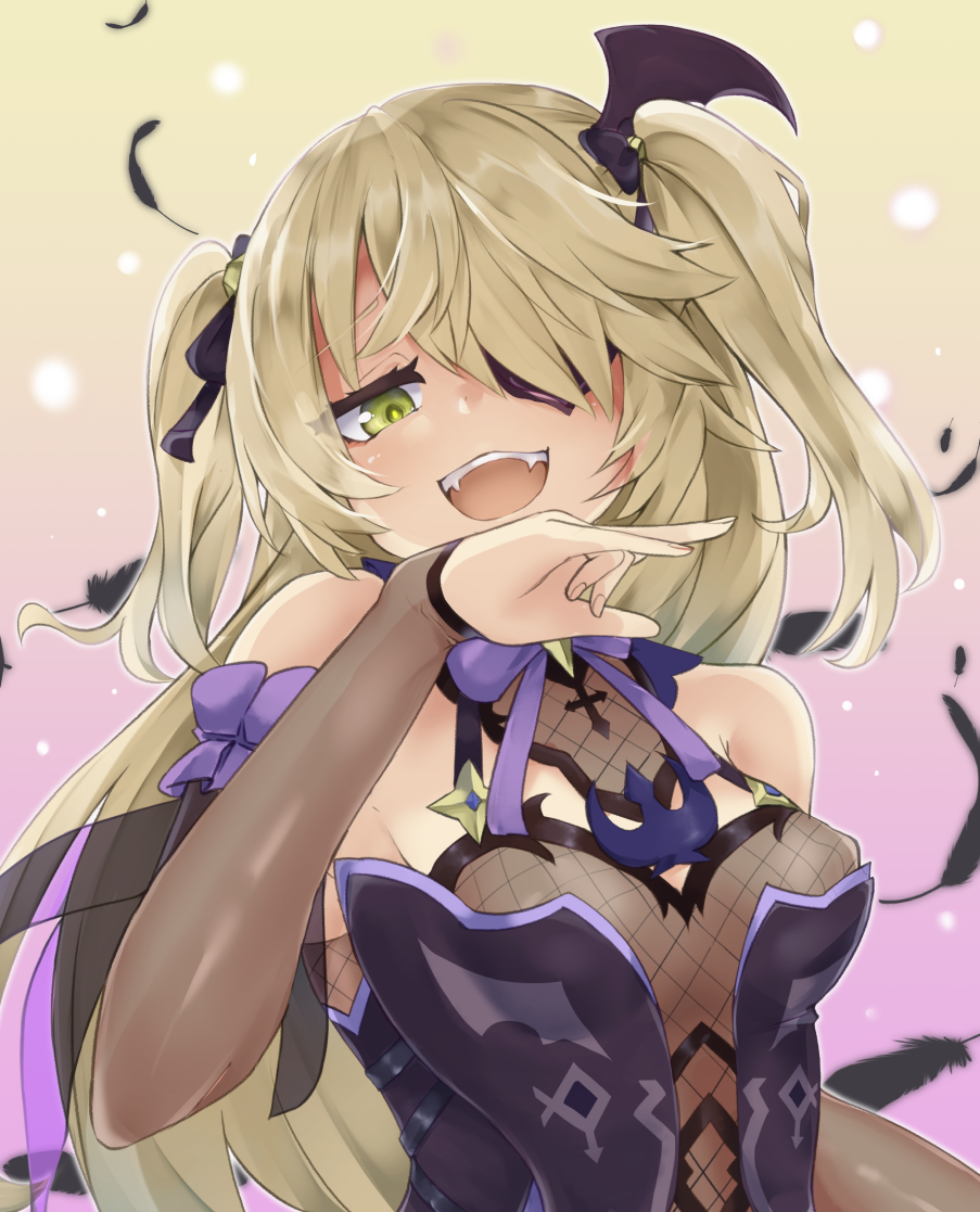 1girl, arm_up, bare_shoulders, black_feathers, black_ribbon, blonde_hair, bodystocking, bodysuit