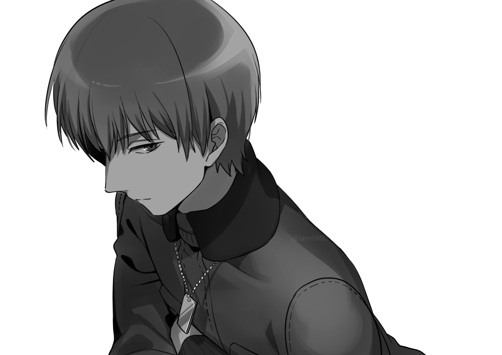 1boy, bangs, closed_mouth, commentary, dog_tags, expressionless, grey_background, greyscale