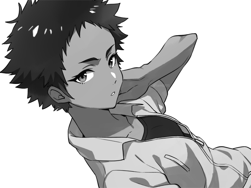 1girl, abigail_jones, breasts, commentary_request, dark_skin, great_pretender, grey_background, greyscale