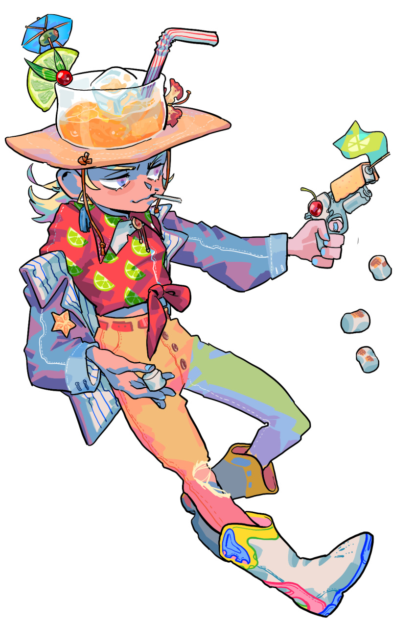 1boy, alternate_costume, belt, blonde_hair, boots, bulzizzang, collared_shirt, cowboy_hat