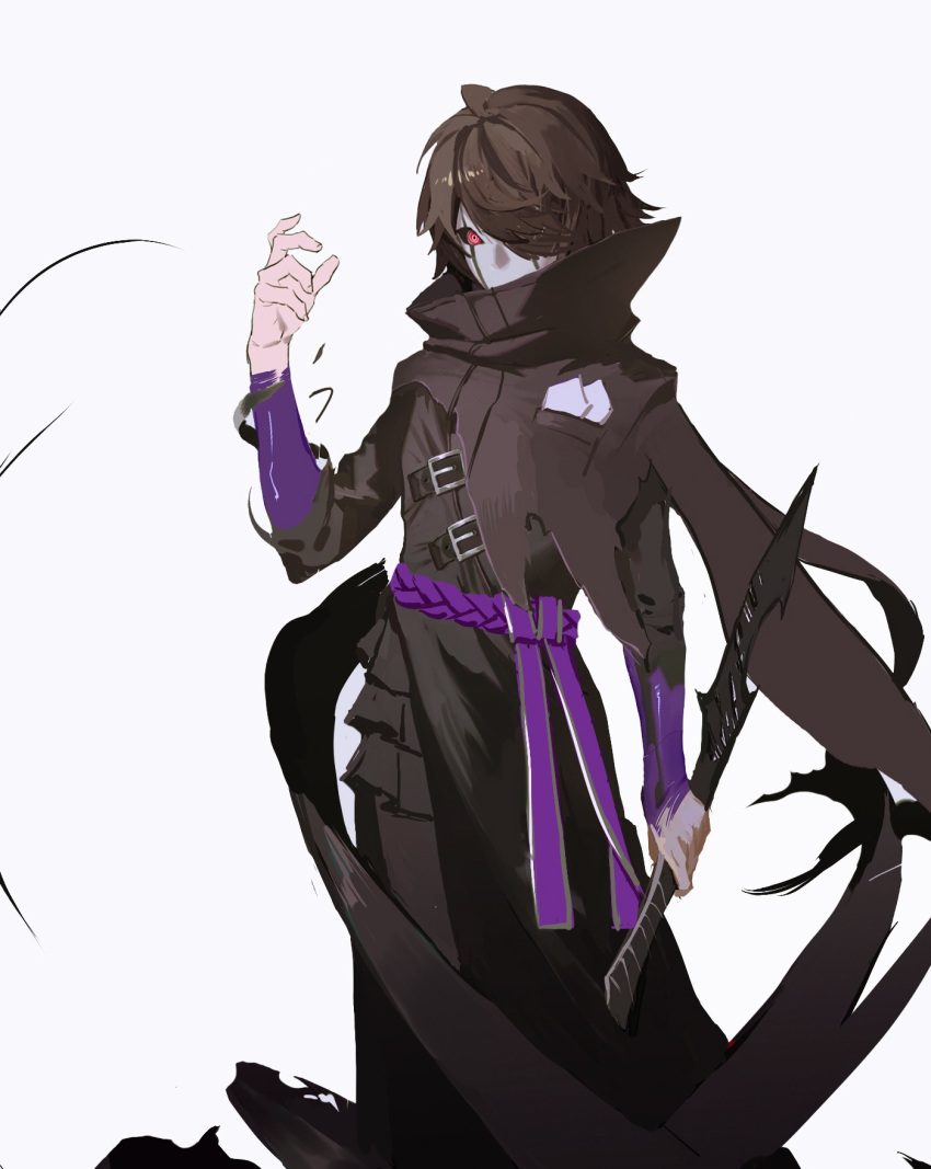 1boy, brown_hair, cloak, dagger, dong_wensen, fingernails, hair_over_one_eye, highres