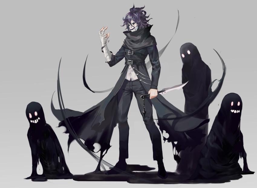 1boy, absurdres, bandaged_arm, bandaged_hands, bandages, belt_buckle, black_coat, buckle