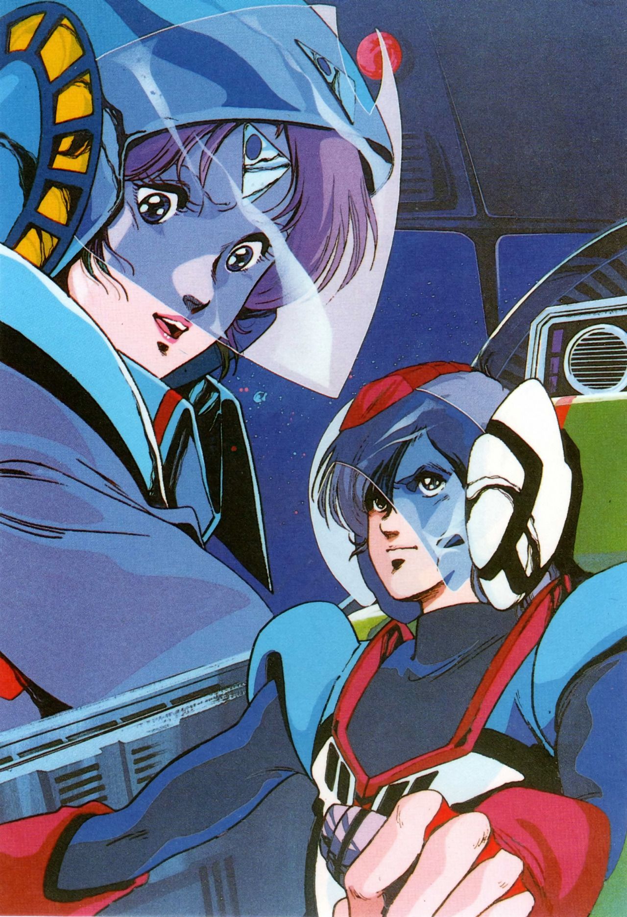 1980s_(style), 1boy, 1girl, aerial_battle, athena_henderson, battle, chiram, choujikuu_seiki_orguss, cockpit, control_stick, dogfight, duel, emaan, fake_screenshot, father_and_daughter, fingerless_gloves, gloves, helmet, highres, insignia, katsuragi_kei, looking_at_another, mecha, military, military_uniform, nikick, official_style, orguss, orguss_(mecha), pilot_chair, pilot_suit, retro_artstyle, scan, science_fiction, serious, spoilers, sticker, traditional_media, uniform, visor