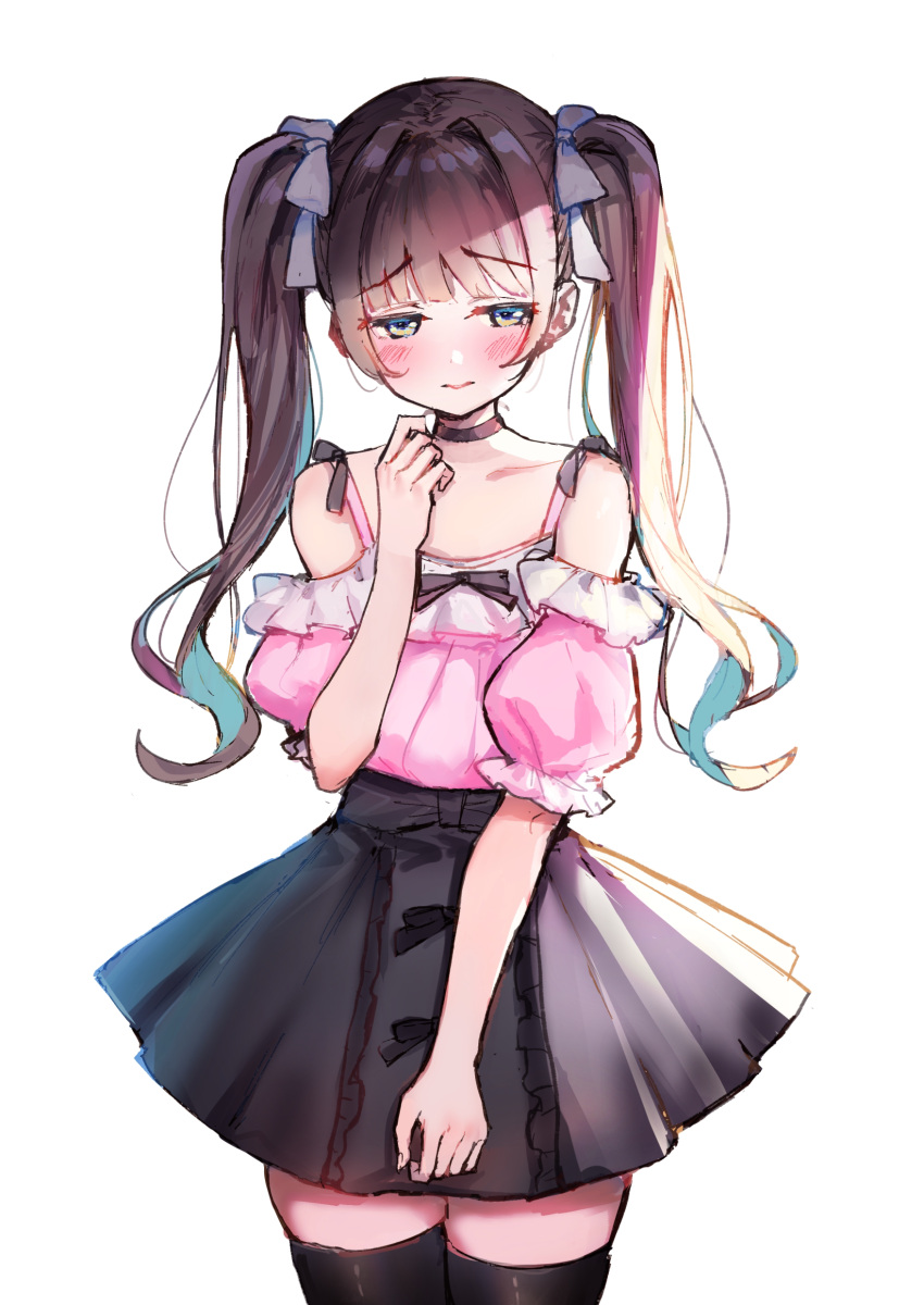 1girl, absurdres, bangs, bare_shoulders, black_choker, black_legwear, black_skirt, blue_hair