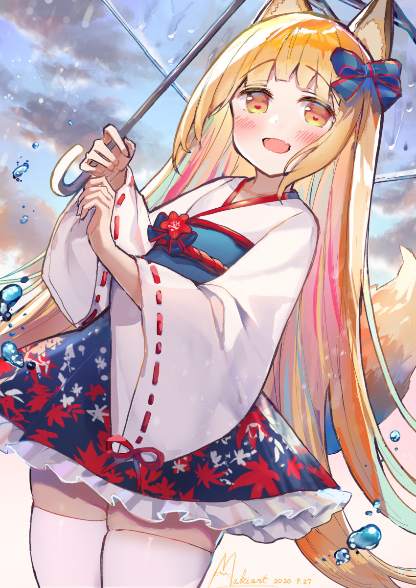 1girl, :d, absurdres, bangs, blonde_hair, blue_bow, blue_hair, blue_skirt