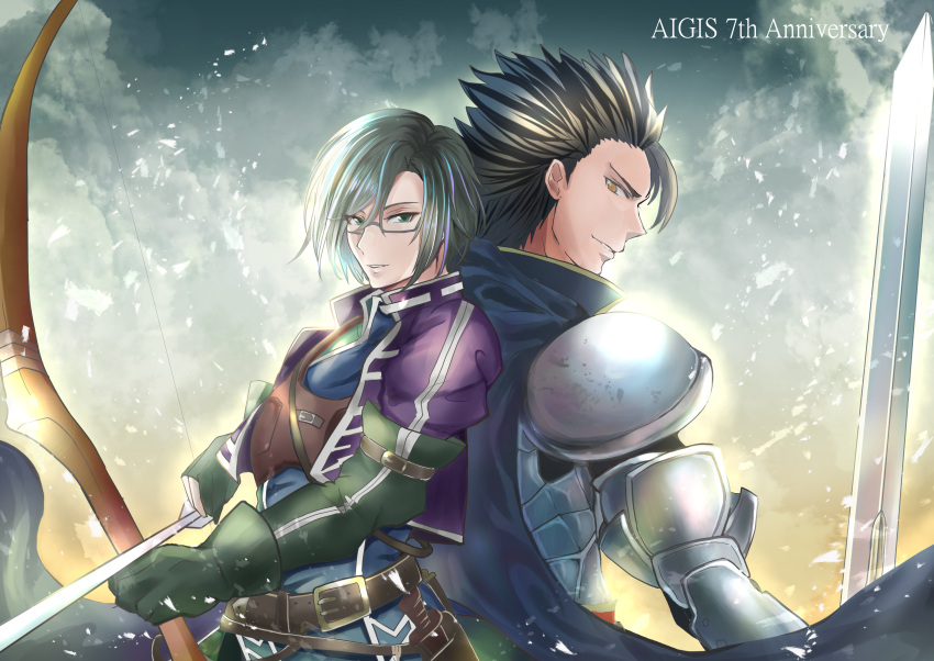 2boys, absurdres, anniversary, armor, arrow_(projectile), back-to-back, belt, black_hair, bow_(weapon), brown_eyes, copyright_name, elbow_gloves, glasses, gloves, green_eeys, green_gloves, highres, holding, holding_sword, holding_weapon, jake_(sennen_sensou_aigis), male_focus, mika3n, multiple_boys, oscar_(sennen_sensou_aigis), outdoors, pauldrons, pouch, sennen_sensou_aigis, shoulder_armor, simple_background, spiky_hair, sword, weapon