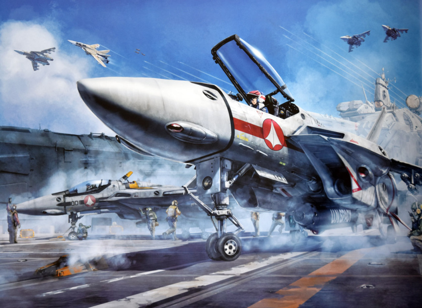 aircraft_carrier, canopy, choujikuu_yousai_macross, flying, fog, gunpod, helmet, ichijou_hikaru