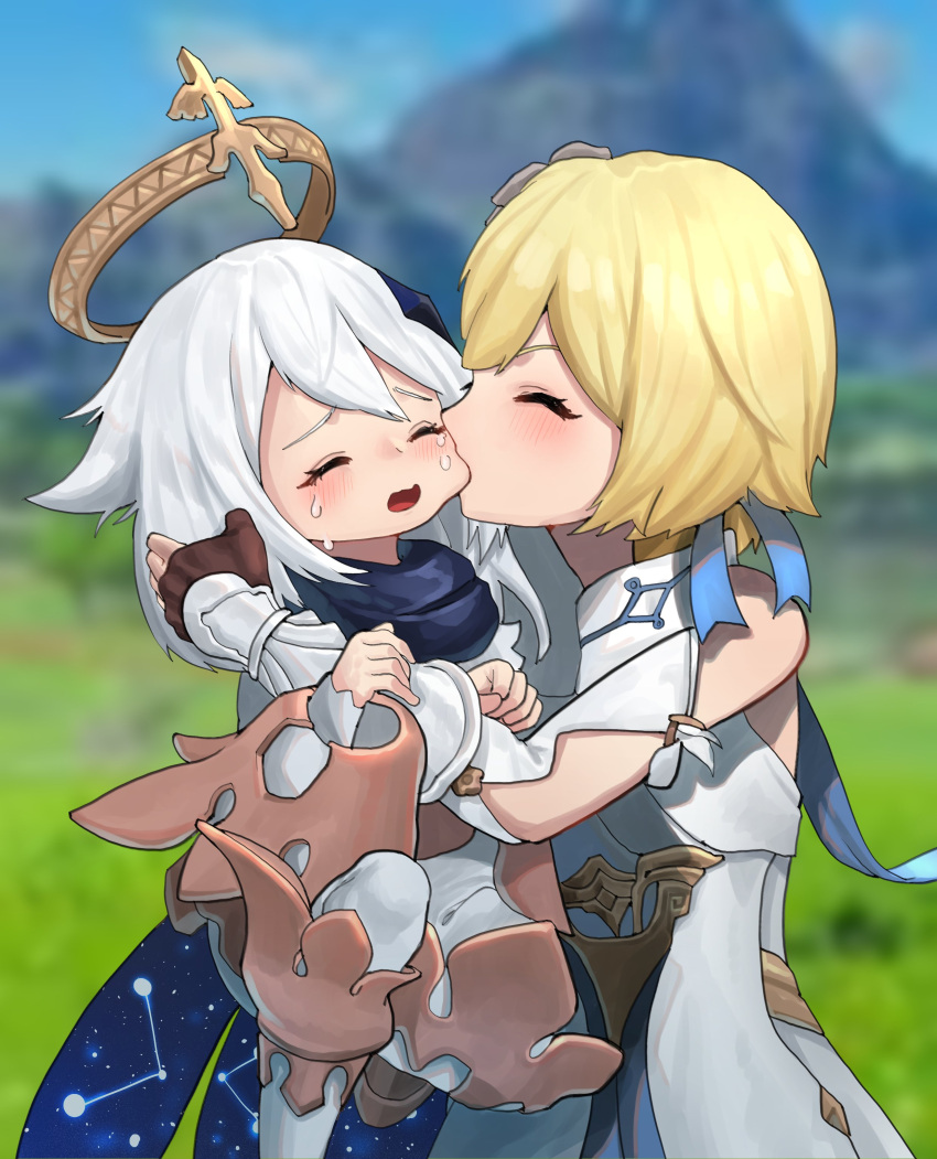 2girls, absurdres, biting, black_scarf, blonde_hair, blue_eyes, blurry, blurry_background, blush, cheek_biting, closed_eyes, constellation, eungi, eyelashes, genshin_impact, halo, highres, lumine_(genshin_impact), multiple_girls, paimon_(genshin_impact), scarf, short_hair, silver_hair, tears, upper_body, yuri