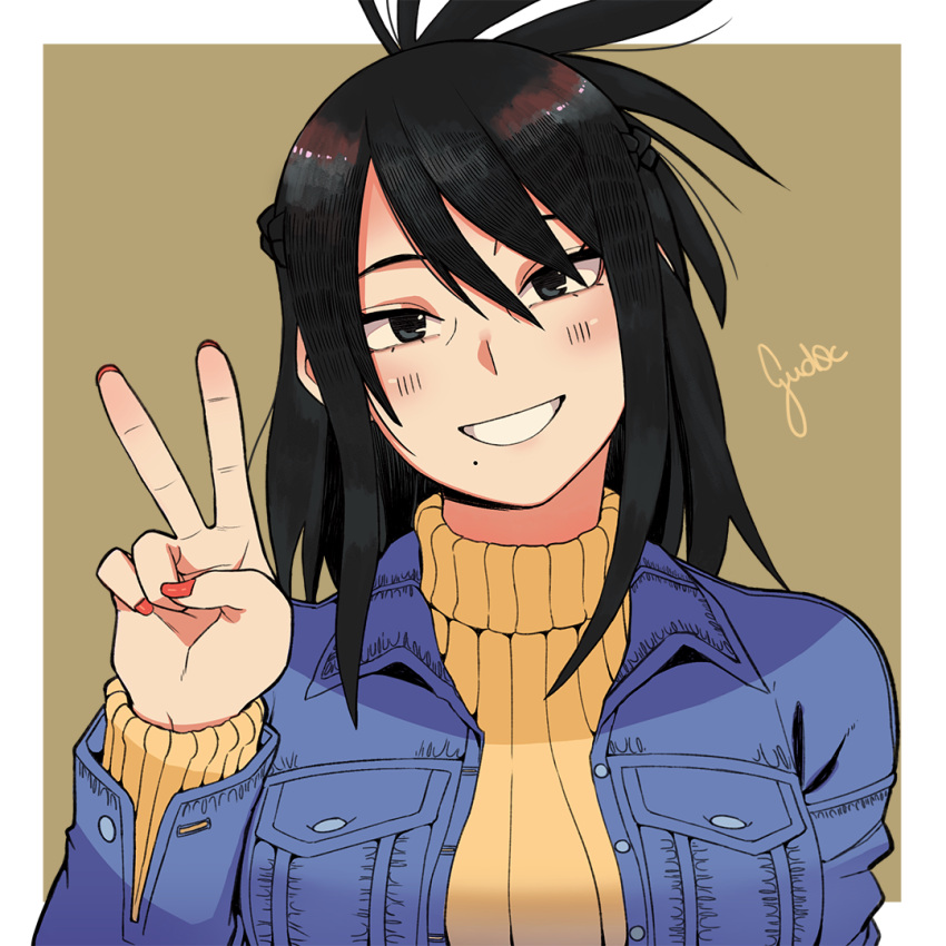 1girl, black_eyes, black_hair, blue_jacket, blush, boku_no_hero_academia, border, breast_pocket
