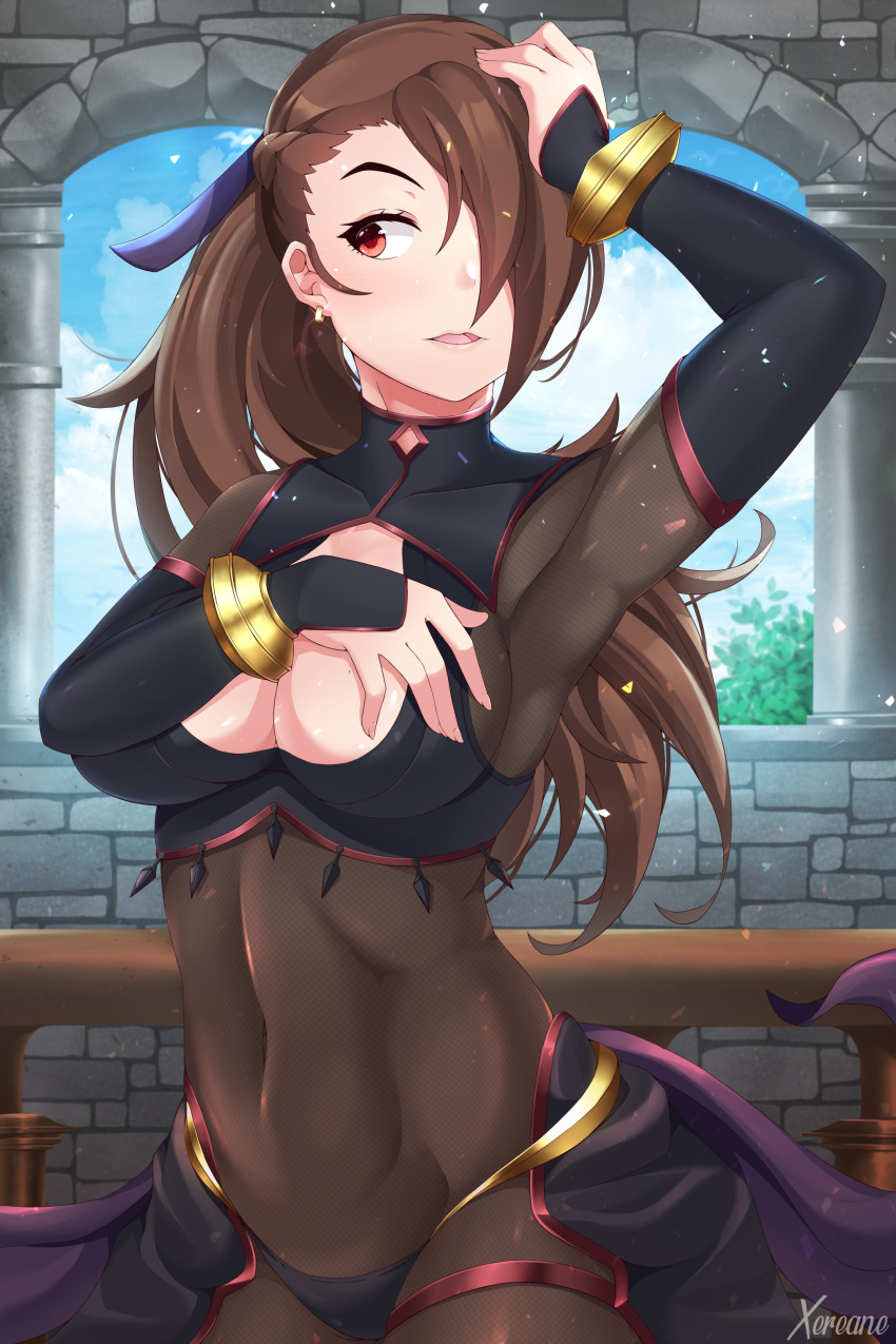1girl, absurdres, armpits, arms_up, breasts, brown_eyes, brown_hair, covered_navel