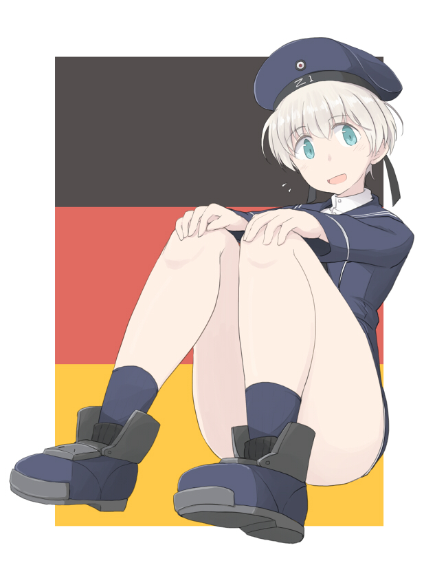 1girl, :d, blue_eyes, clothes_writing, convenient_leg, dress, eyebrows_visible_through_hair, full_body