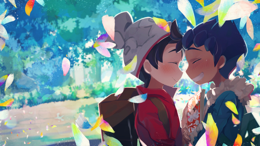 2boys, bangs, beanie, blush, cable_knit, chokutsuu_(menino), clenched_teeth, closed_eyes