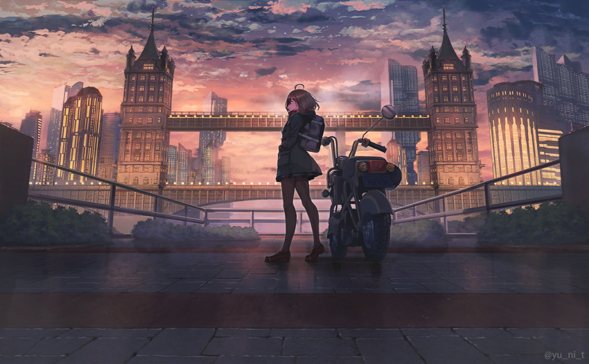 1girl, ahoge, bag, black_jacket, bridge, brown_footwear, brown_hair, brown_legwear, building, city, cityscape, clouds, cloudy_sky, duffel_bag, from_behind, ground_vehicle, jacket, loafers, looking_away, miniskirt, motor_vehicle, motorcycle, original, outdoors, pantyhose, pavement, profile, scenery, shoes, short_hair, skirt, sky, solo, standing, sunlight, twilight, wide_shot, yu_ni_t