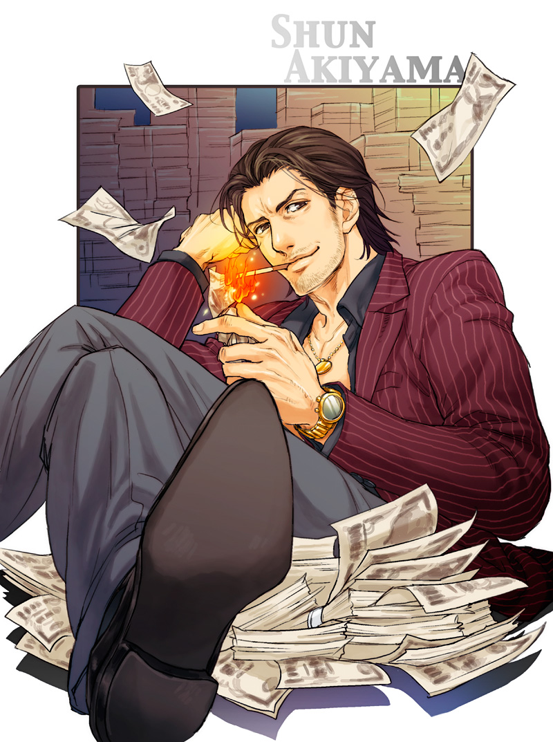 1boy, akiyama_shun, black_footwear, black_hair, black_shirt, brown_eyes, burning, character_name, cigarette, falling_money, grey_pants, holding, holding_money, jewelry, money, necklace, pants, red_suit, ryuu_ga_gotoku, ryuu_ga_gotoku_4, shirt, smoking, ugetsun, watch, yen