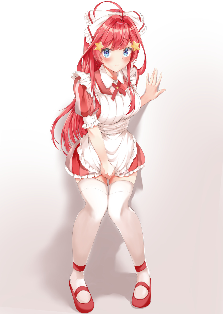 1girl, absurdres, ahoge, apron, blue_eyes, blush, breasts, commentary_request