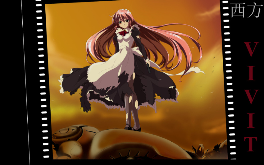 film_strip, gun, long_hair, maid, mecha, pantyhose, red_eyes, red_hair, redhead, seihou, standing, torn_clothes, vivit, wallpaper, weapon, wind