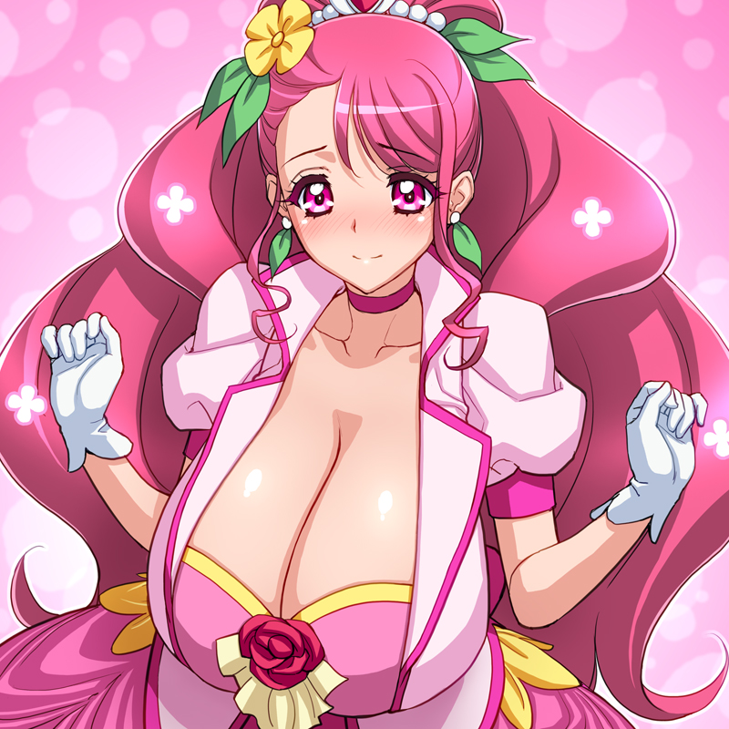 1girl, alternate_breast_size, breasts, choker, collarbone, cure_grace, earrings, gloves