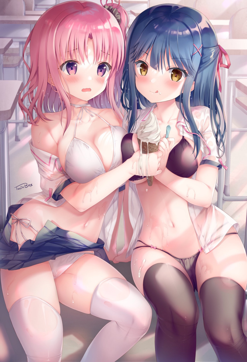 2girls, :q, asymmetrical_docking, bangs, bare_shoulders, black_bra, black_legwear, black_panties