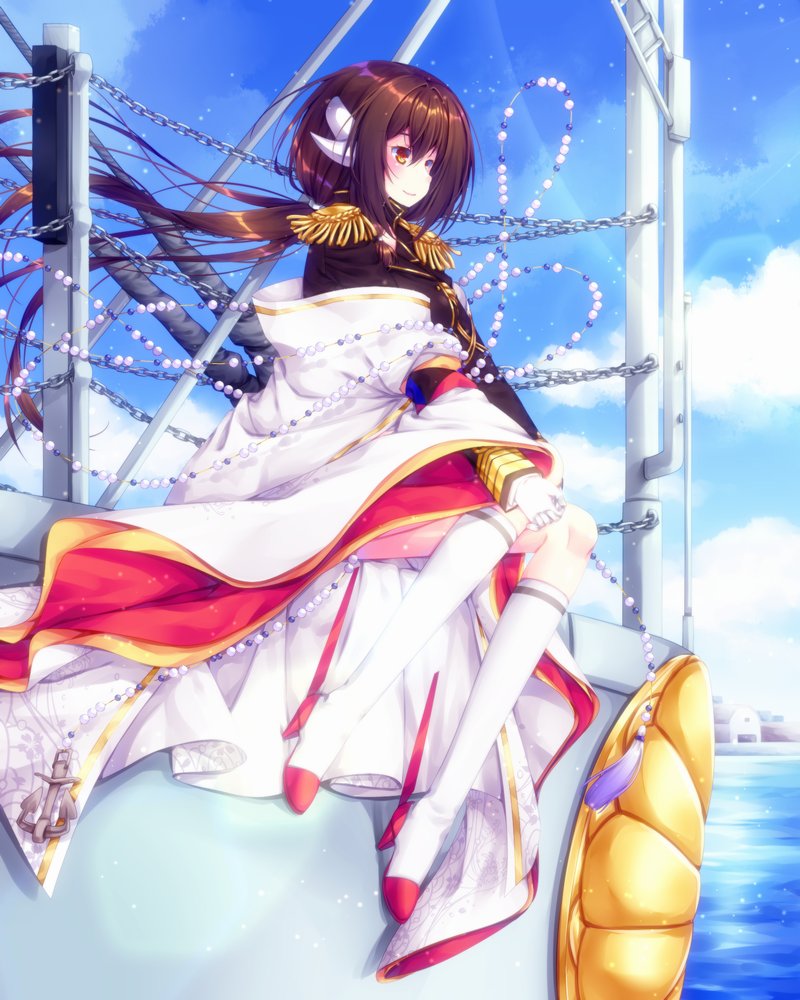 1girl, azur_lane, bangs, blush, brown_hair, clouds, epaulettes, gloves