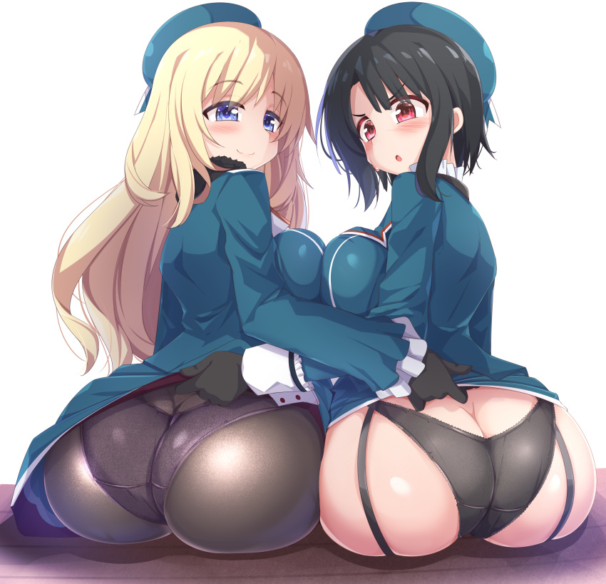 2girls, absurdres, ass, atago_(kantai_collection), black_gloves, black_hair, black_legwear, black_panties