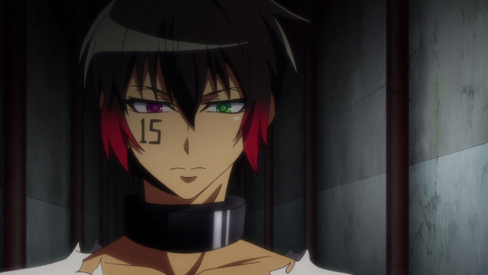 1boy, black_hair, green_eye, heterochromia, jyugo, jyugo_(nanbaka), male, nanbaka
