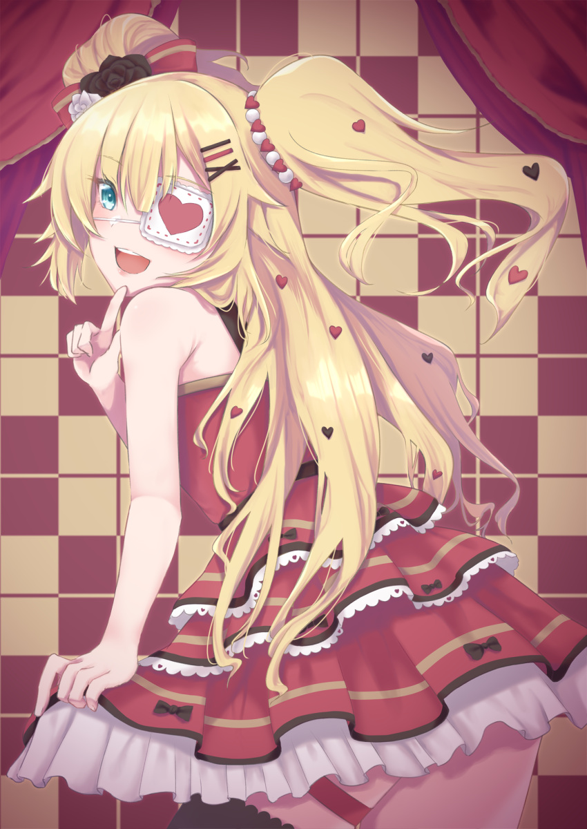 1girl, :d, akai_haato, bandages, black_legwear, blonde_hair, blue_eyes, bow, checkered, checkered_background, curtains, dress, eyepatch, finger_to_mouth, hair_bow, highres, hololive, ichi-go, long_hair, open_mouth, single_thighhigh, skindentation, sleeveless, smile, thigh-highs, thigh_strap, twintails, virtual_youtuber